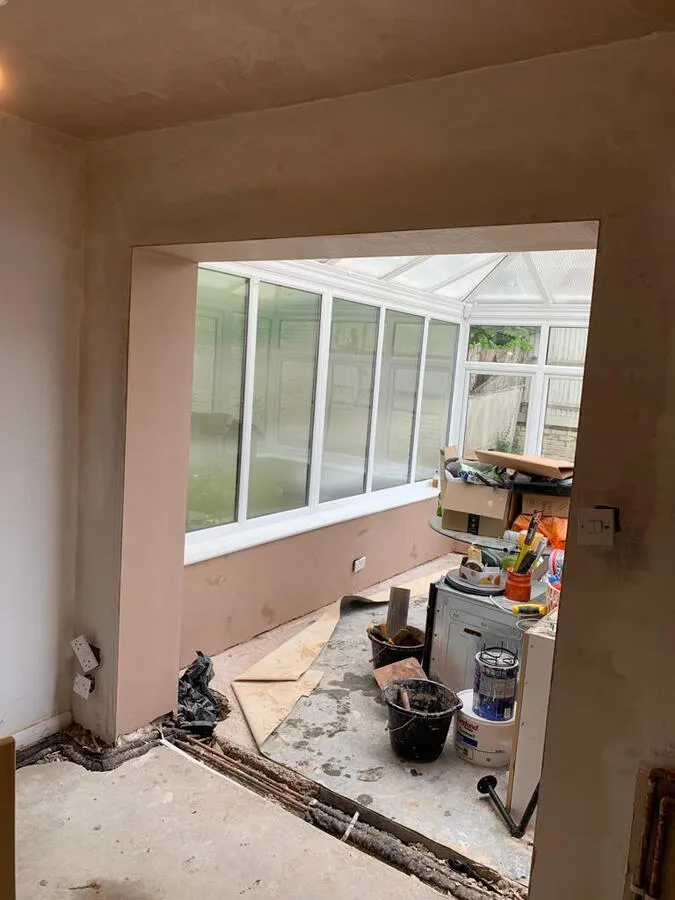 Open plan area with fresh plastering